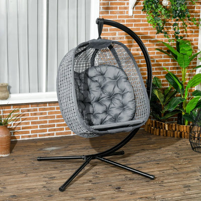 Image of a Swinging Egg Chair With Stand and Thick Cushion, Dark Grey 