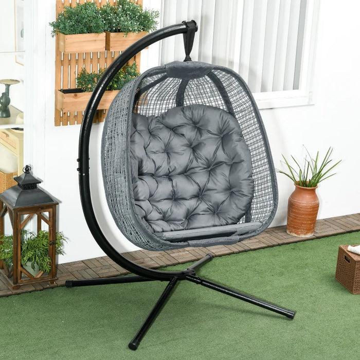 Image of a Swinging Egg Chair With Stand and Thick Cushion, Dark Grey 