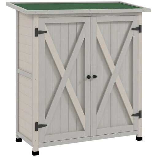 Image of a white wooden garden storage cabinet  with a green felt roof