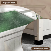 Image of a white wooden garden storage cabinet  with a green felt roof