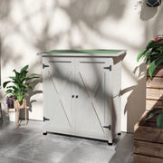 Image of a white wooden garden storage cabinet  with a green felt roof