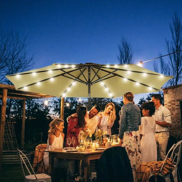 Image of a brown parasol with lights