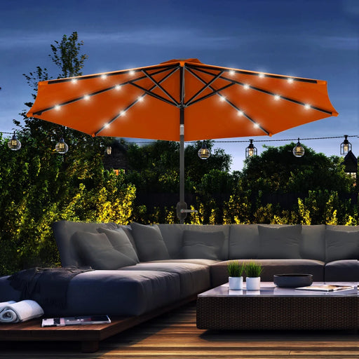 Image of an orange parasol with lights