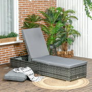 Image of a reclining rattan sun lounger with a grey cushion