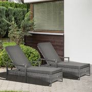 Image of a set of rattan sun loungers with cushions, wheels, and arms - Grey 