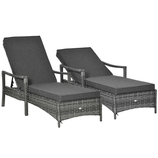 Image of a set of rattan sun loungers with cushions, wheels, and arms - Grey 