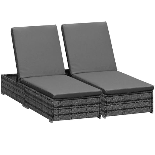 Image of a set of 2 reclining rattan sun loungers with mixed grey rattan and dark grey cushions