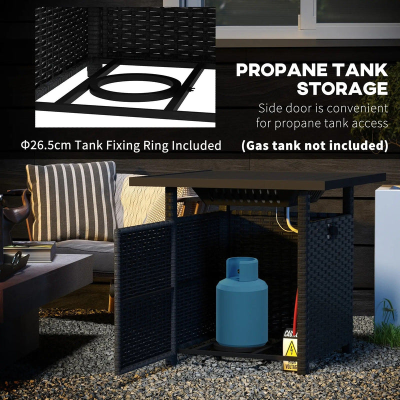 Black Rattan Gas Fire Pit Table With Glass Wind Shield