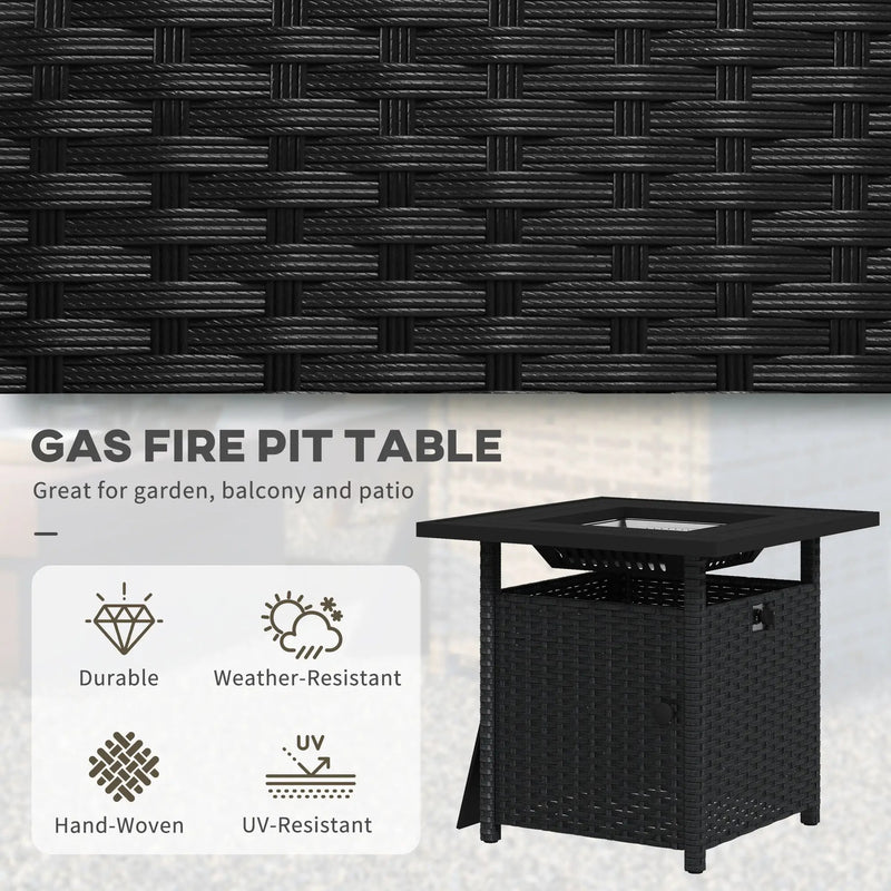 Black Rattan Gas Fire Pit Table With Glass Wind Shield