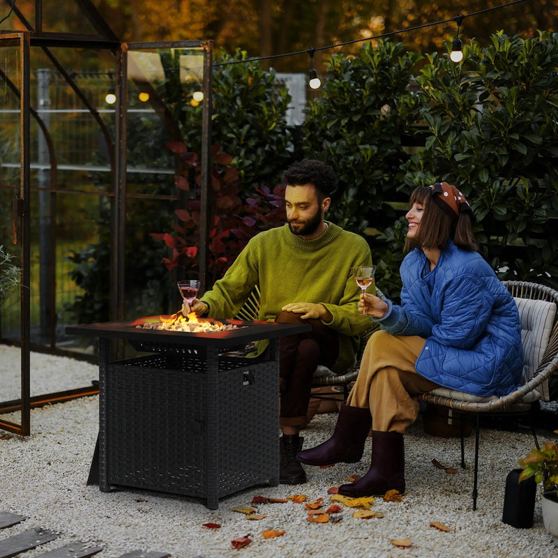 Black Rattan Gas Fire Pit Table With Glass Wind Shield