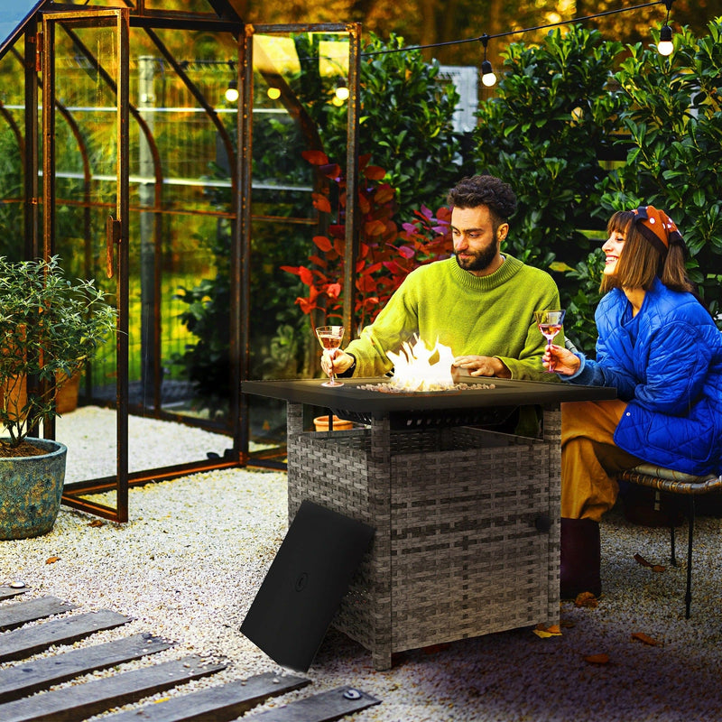 Grey Rattan Gas Fire Pit Table With Glass Wind Shield