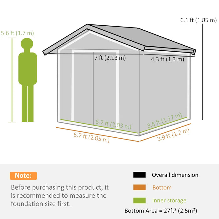 Image of an Outsunny Light Green Metal Garden Storage Shed, 7x4ft