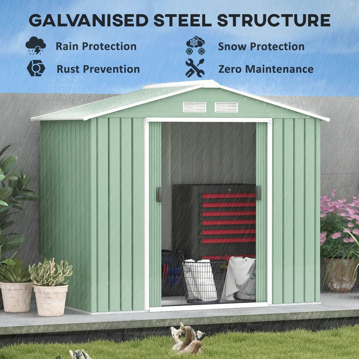 Image of an Outsunny Light Green Metal Garden Storage Shed, 7x4ft