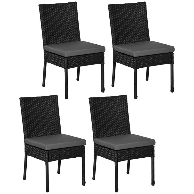 Outsunny Set of 4 Black Rattan Garden Dining Chairs With Dark Grey Cushions
