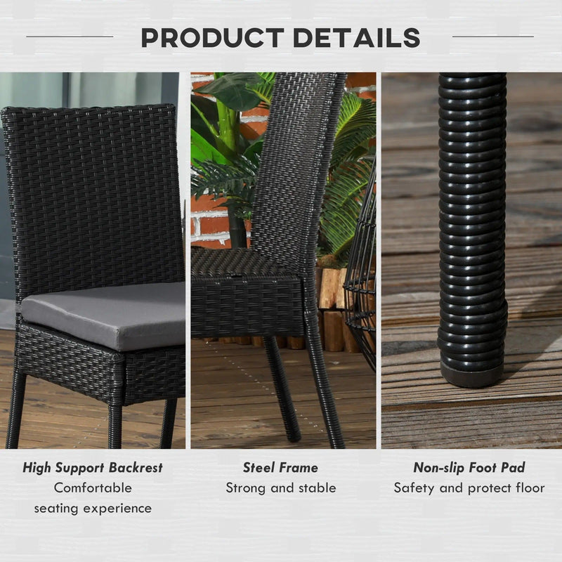 Outsunny Set of 4 Black Rattan Garden Dining Chairs With Dark Grey Cushions