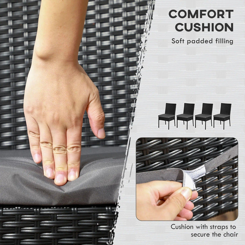 Outsunny Set of 4 Black Rattan Garden Dining Chairs With Dark Grey Cushions