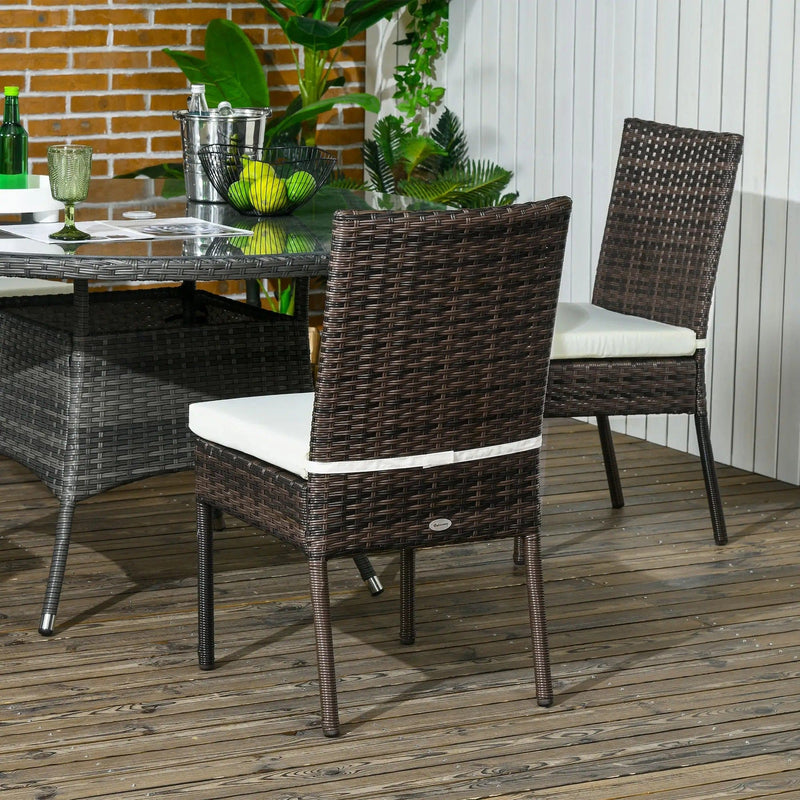 Outsunny Set of 4 Brown Rattan Garden Dining Chairs With White Cushions