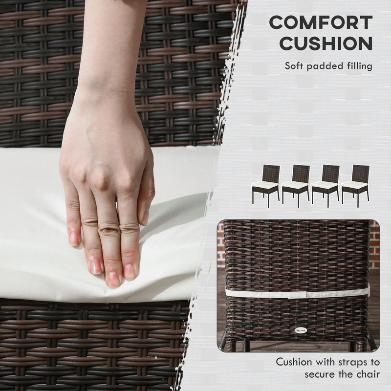 Outsunny Set of 4 Brown Rattan Garden Dining Chairs With White Cushions