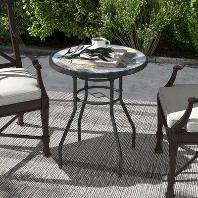 Round 60cm Garden Table with Printed Glass Top Ideal for Outdoor Dining Multicolour