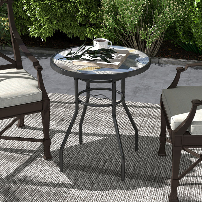 Round 60cm Garden Table with Printed Glass Top Ideal for Outdoor Dining Multicolour