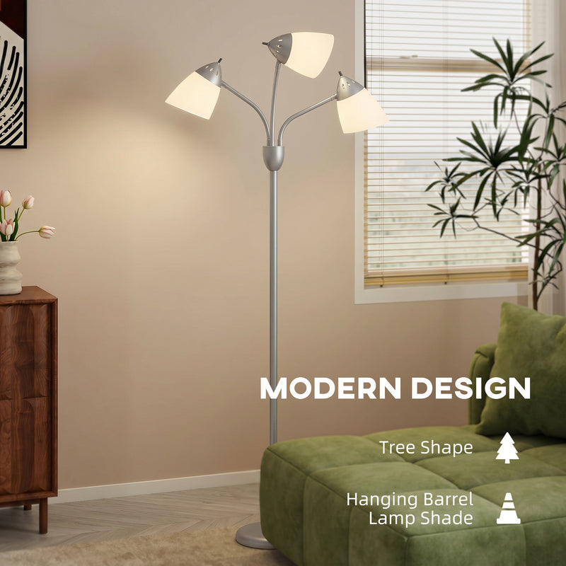 Floor Lamp with Three Adjustable Heads for Flexible Living Room or Office Lighting Silver Tone