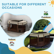 Foldable Dog Playpen with Carry Bag and Ground Stakes for Travel or Home Use, Brown