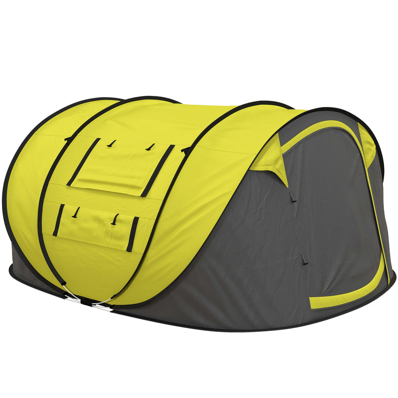 Outsunny 4 Person Pop-up Camping Tent, Family Dome Tent with Ground Sheet, 4 Windows and Portable Carry Bag for Beach Outdoor Trip, Yellow