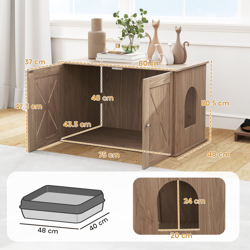 Walnut Brown Cat Litter Box Enclosure with Double Doors and Side Entrance by PawHut