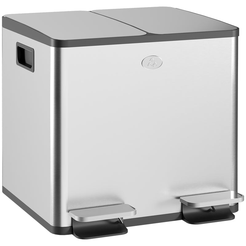 30L Dual Compartment Kitchen Recycling Bin with Deodoriser Holders Stainless Steel Silver