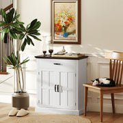 White Farmhouse Sideboard with Barn Doors and Thick Wooden Top for Kitchen Storage