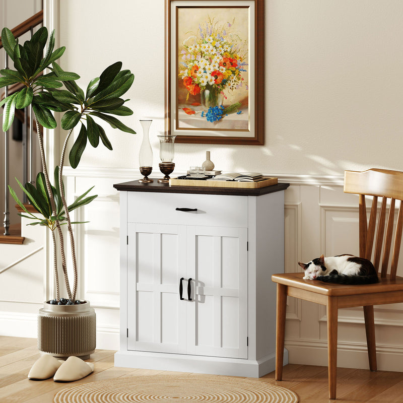 White Farmhouse Sideboard with Barn Doors and Thick Wooden Top for Kitchen Storage