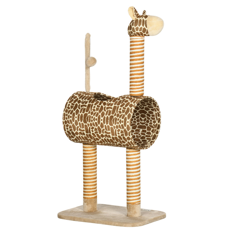 Giraffe Cat Tree with Scratching Posts Tunnel and Hanging Toy for Indoor Play Beige