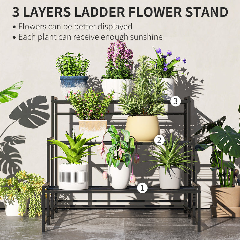 3 Tier Black Metal Plant Stand Ladder Shelf for Garden Patio or Balcony by Outsunny AOSOM