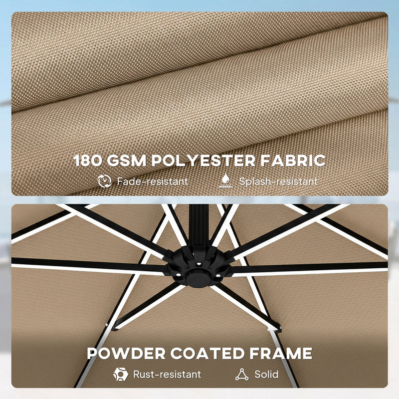 3m Cantilever Parasol With Lights For Garden or Patio - Adjustable Shade - Khaki