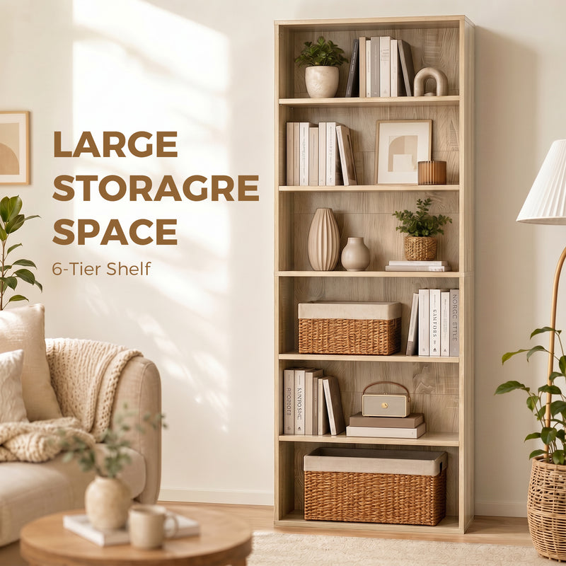 Tall Bookshelf with Adjustable Shelves for Living Room or Office Organisation Oak Wood Effect