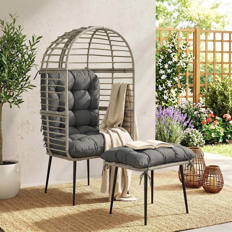 Egg Chair and Footstool Set for Comfortable Outdoor Relaxing Weather Resistant Rattan Grey Outsunny