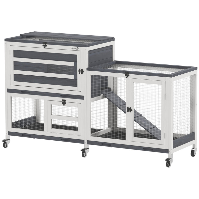 Wooden Rabbit Hutch with Run 2 Tier Guinea Pig Cage on Wheels 3 Trays 2 Openable Tops by PawHut