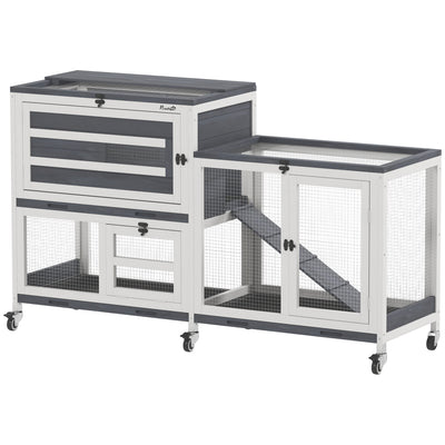 Wooden Rabbit Hutch with Run 2 Tier Guinea Pig Cage on Wheels 3 Trays 2 Openable Tops by PawHut
