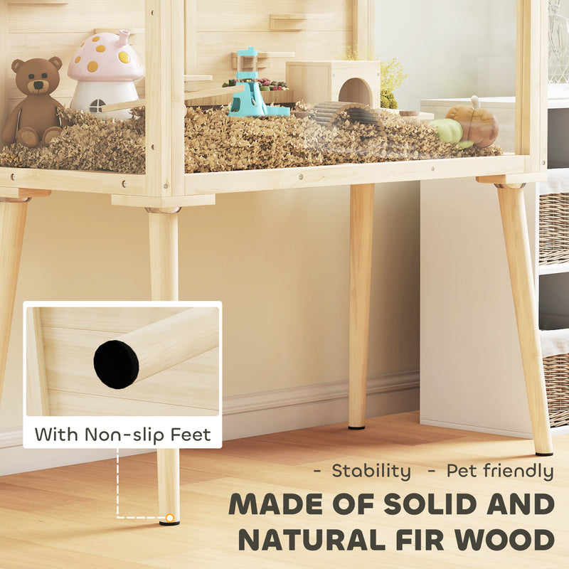 Large Wooden Hamster Cage With Seesaws Platforms and Water Bottle for Gerbils Natural AOSOM