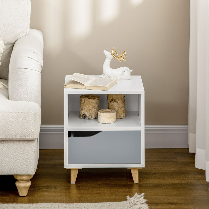 Set of 2 Bedside Tables with Storage Shelves and Drawers for Bedroom White and Grey AOSOM