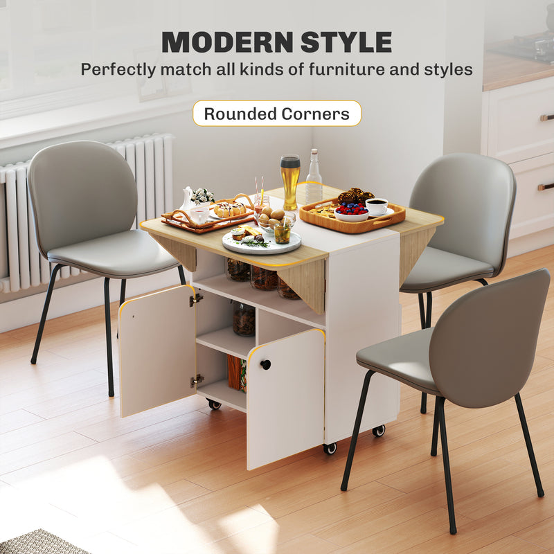 Folding Dining Table with Storage and Wheels for Small Spaces White Natural AOSOM