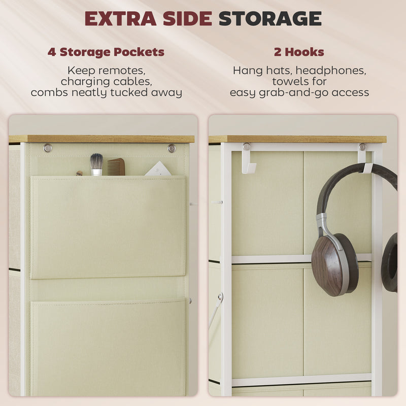 Chest of 4 Fabric Drawers for Bedroom Storage with Wooden Top Surface, Beige