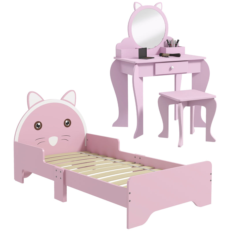 Kids Wooden Bedroom Furniture Set with Bed Dressing Table and Stool for Ages 3 to 6 Years, Pink