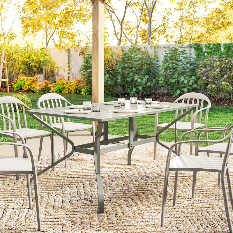 Garden Dining Table for 6 with Parasol Hole and Slatted Top Galvanised Steel Light Grey Outsunny