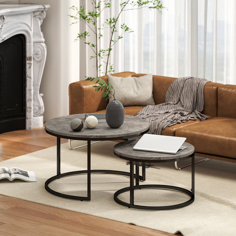 Set of 2 Round Nesting Coffee Tables with Faux Marble Top Steel Frame for Living Room Black