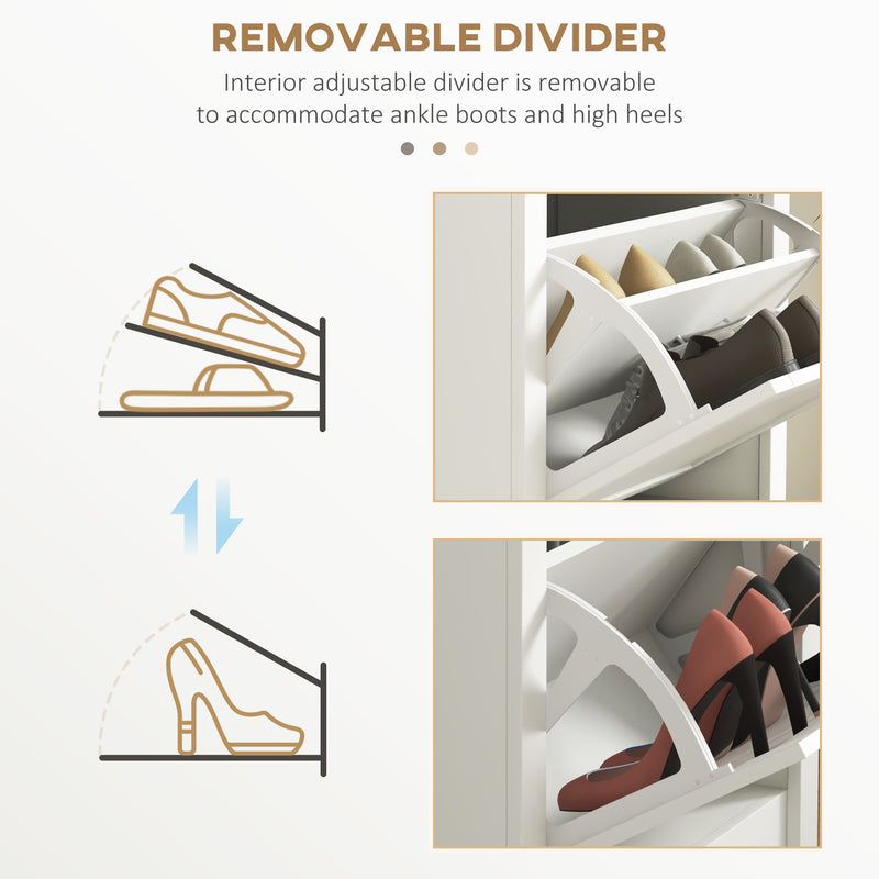 White Narrow Shoe Cabinet with Flip Drawers and Adjustable Shelves for Hallway Storage