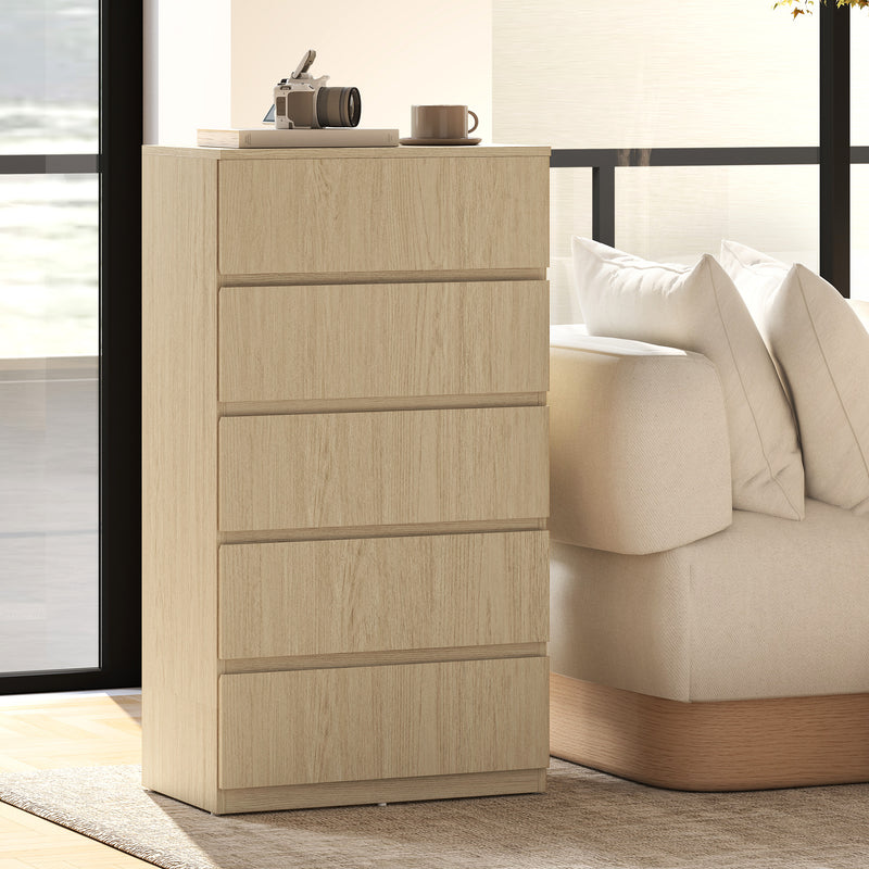 Chest of Drawers with 5 Spacious Handleless Drawers for Bedroom Storage Natural Wood AOSOM