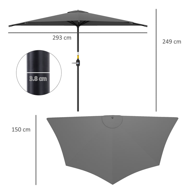 Dark Grey 3m Half Parasol Semi Round Umbrella With Metal Frame and Crank Handle by Outsunny