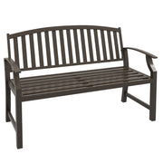 Brown Two Seater Metal Garden Bench with Slatted Design for Patio or Outdoor Use