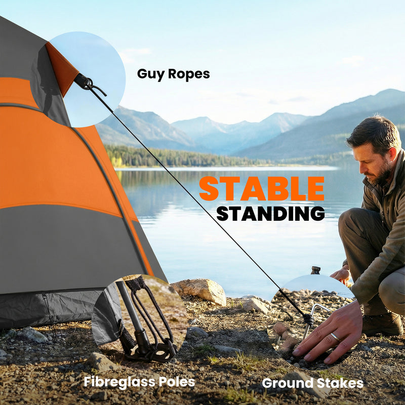 Pop Up 4 Person Tent for Quick Camping Shelter with Mesh Windows Orange and Dark Grey